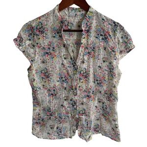 H&M Floral Peplum Blouse Short Sleeve Cotton Dobby Stripe MultiColor Cottagecore